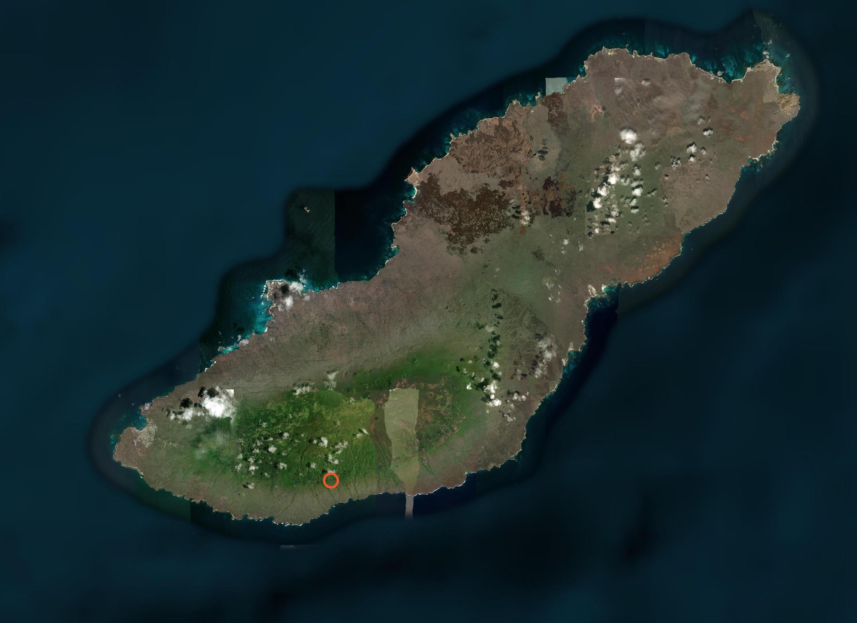 Satellite view of San Cristóbal Island with the Saracay holding marked in the southern highlands